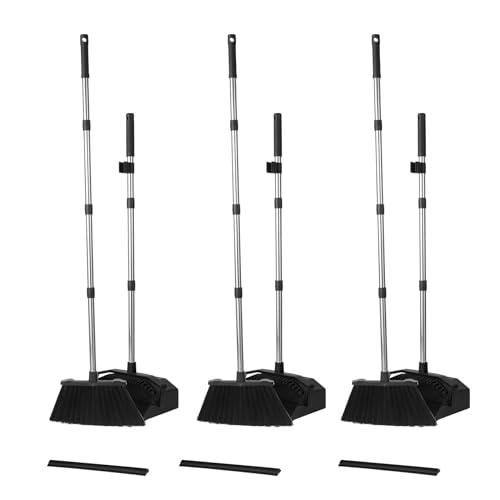 Tiumso 3-Pack Broom with Dustpan Combo Set, Commercial Broom and Dustpan Set, Dust Pan with Long Handle, 51'' Large Brooms with Self-Cleaning Dust Pan Teeth for Restaurant Lobby Garage - Black by Tiumso - Used condition - US$42.49