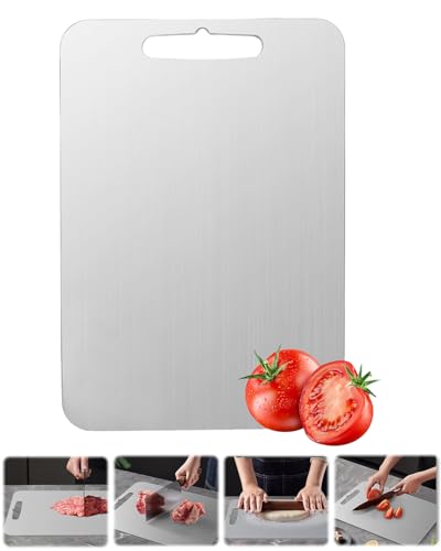 Tabla de cortar de titanio, tabla de cortar de doble cara, de titanio, 1 pieza de acero inoxidable, tabla de cortar de calidad alimentaria para carne, frutas y verduras, fácil de limpiar