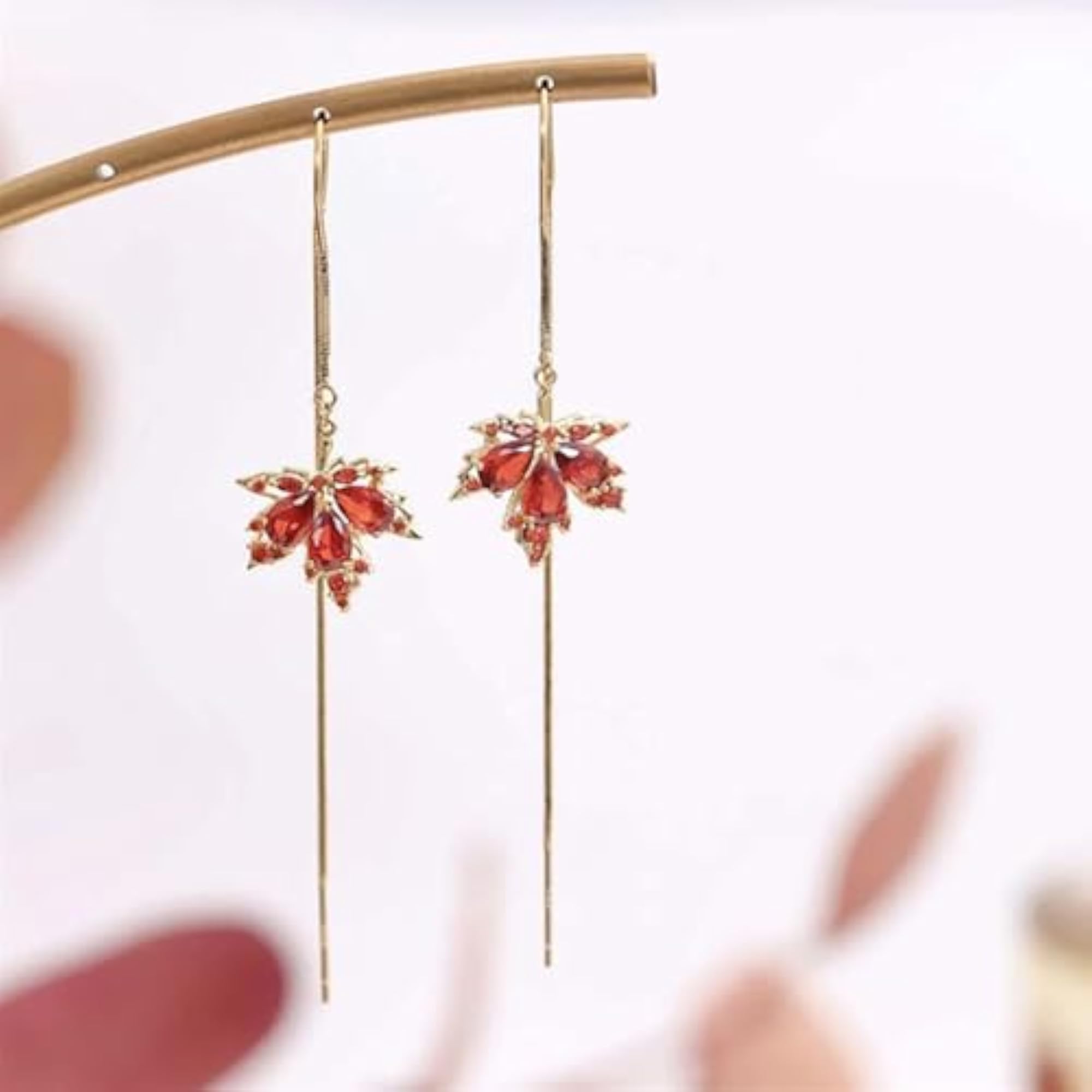 Red Maple Leaf Rhinestone Stud Earrings, Autumn Gift