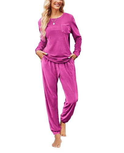 Ekouaer Womens Pajamas Sets Long Sleeve Soft Sleepwear 2 Piece Velvet Pjs Lounge Sets with Pockets