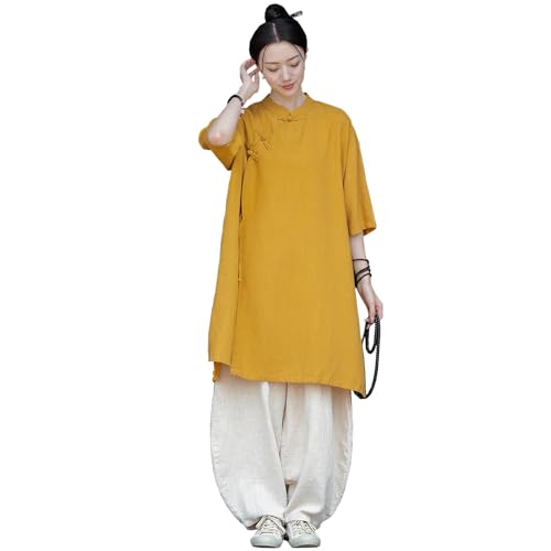 DAYKET Vêtements de Tai Chi amples pour femmes, uniforme traditionnel chinois en coton et lin pour arts martiaux, tenue de méditation zen, tenue d'exercices du matin,YellowA-OneSize