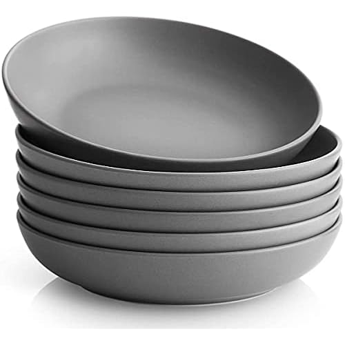 Y YHY Pasta Bowls Set of 6, Large Salad Serving Bowls, Porcelain Soup Bowls 30 Ounces, Wide and Flat, Microwave Dishwasher Safe, Matte Grey