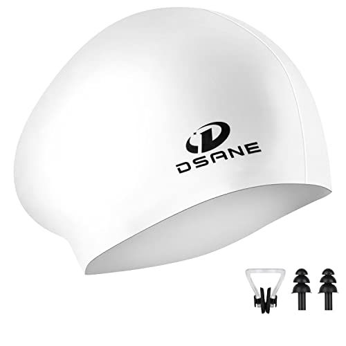Womens Silicone Swim Cap For Long Hair,3D Ergonomic Design Silicone Swimming Caps For Women Kids Men Adults Boys Girls With Ear Plug And Nose Clip(White/M) #TOP5