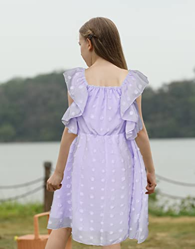 21Kids Girls Summer Swiss Dot Dress Kids Casual Swing Flowy Ruffle Chiffon Dresses For Girls 6 Years, Purple #TOP2