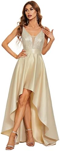 Ever-Pretty Women's Sequin Deep V-Neck High Low Satin Maxi Formal Dress for Women Gold US8