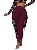 LYANER Women's High Waist Fringe Jogger Sweatpants Tassels Side Bodycon Pants Burgundy# Small