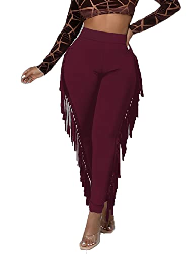 LYANER Women's High Waist Fringe Jogger Sweatpants Tassels Side Bodycon Pants BurgundySmall