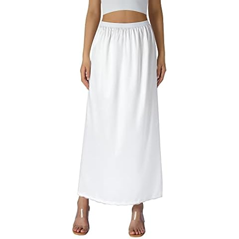 VILAGRAH Women Satin Half Slip Underskirt Elastic Waist Long Dress Extender Lace Trim Maxi Skirt for Under Dresses Slip (A White, Large) Cover