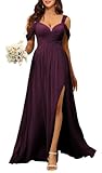 YIANN Plum Bridesmaid Dresses for Women with Slit Chiffon A Line Cold Shoulder Formal Wedding Guest Dress UK16