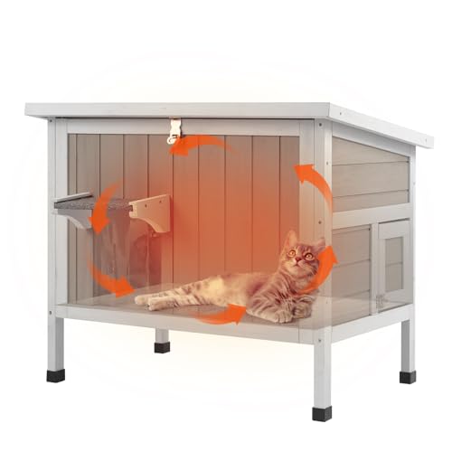 PetsCosset Insulated Cat House Outdoor Weatherproof Feral Cat Shelter for Winter, All-Round Foam Insulation Wooden Pet House for Outdoor Cat with Rais