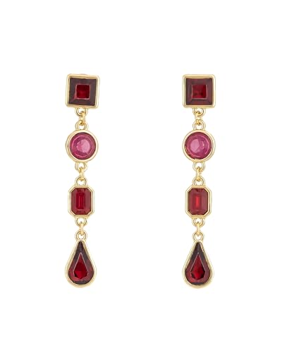Dauplaise Jewelry Red and Gold Post Top Earrings with Triple Stones, Fashion Jewelry, Statement Accessory, Gold-Tone