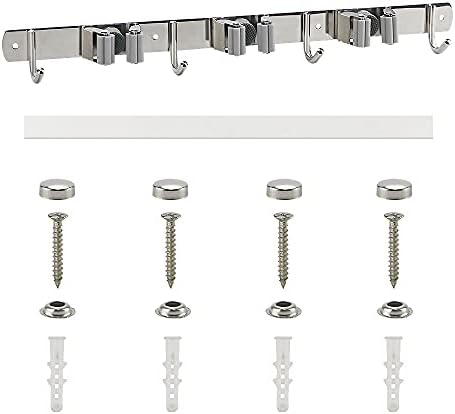 Broom Mop Holder, Mop Broom Brush Organizer Wall Mounted Heavy Duty Stainless Steel Tool Hanger with 3 Racks 4 Hooks Ideal for Home, Kitchen, Garden, Garage, Laundry