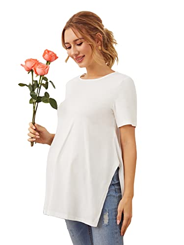 Romwe Women's Maternity Tunic Tee Shirt Short Sleeve Round Neck Split Hem Blouse Top White S #TOP25