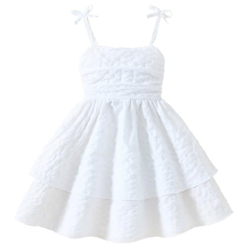 USKIDKK Toddler Girl Dress Kids Strap Dresses for Girls Summer Outfits Smocked Back Casual Beach SundressWhite 3-4T