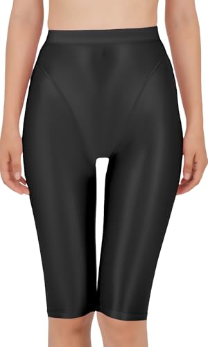 Women's Shiny Oil Glossy Short Legging See Through Sheer Silky Boy Shorts Running Workout Yoga Compression Pants Wet Look Metallic Rave Bottoms Black M