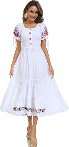 Image of Women's Summer Maxi Dress Casual Floral Embroidered Round Neck Short Sleeve Ruffle Tiered Dress Flowy Boho Beach Sundress