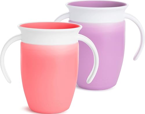Image of Munchkin Miracle 360 Sippy Cup for 6 Month Old, Spill Proof Baby and Toddler Cups with Transition Handles, 7 Ounce, 2 Pack, Pink/Purple