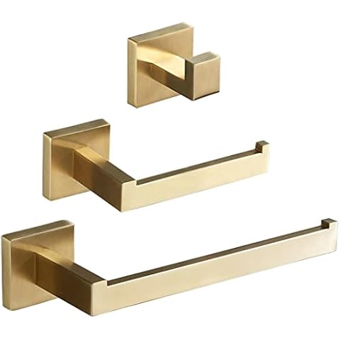 Bathroom Accessories 3-Piece Towel Rail Set, Gold Towel Ring, Toilet Roll Holder, Hook, Wall Mount Stainless Steel SUS304/Brushed Gold SHUNLI Cover
