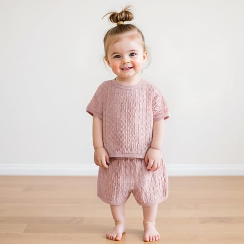 Fernvia Toddler Baby Girl Summer Clothes Solid Jacquard Short Sleeves T-Shirt Tops + Shorts 3 6 9 12 18 24 Months Outfits Set2