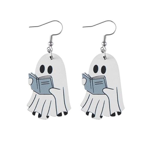 Halloween Ghost Earrings Wooden Reading Books Cartoon Ghost Dangle Drop Earring for Women Jewelry