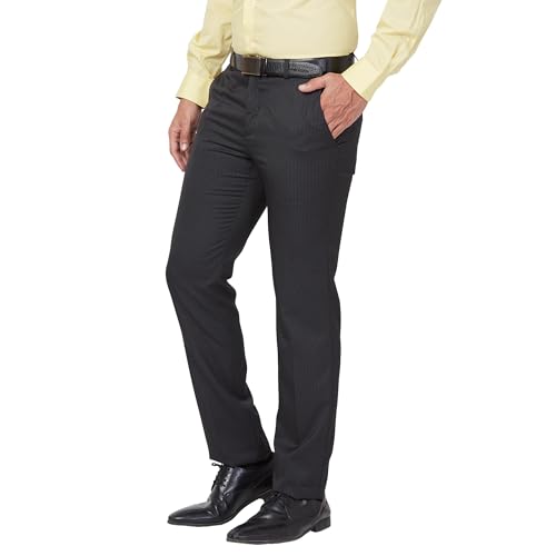 Image of Raymond Men Mid Rise Slim Fit Stripe Pattern Poly Viscose Blend Flat Front Formal Trouser