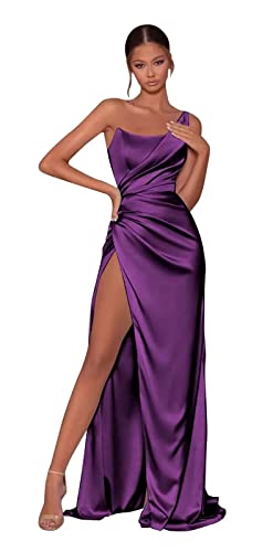 Women's Mermaid One Shoulder Prom Dresses Long Pleated Satin Formal Evening Gown with Slit