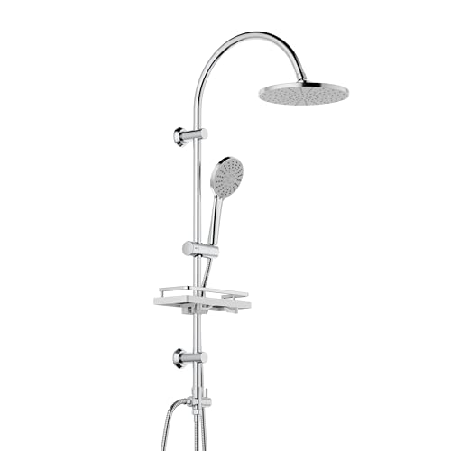 Florenta Sistema de Ducha de Lluvia sin Grifería que Incluye Barra de Acero Inoxidable, Columna en Forma de U con Alcachofa ABS, Ducha de Mano y Estante Cromado