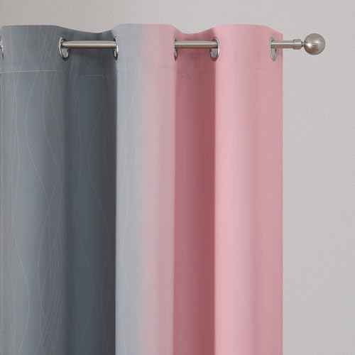 Pink and Grey Blackout Curtains 45 inches Long,Ombre Full Room Darkening Window Curtains for Living Room,Grommet Thermal Insulated Drapes,Light Blocking Curtains for Girls Bedroom,42x45 Inch, 2 Panels