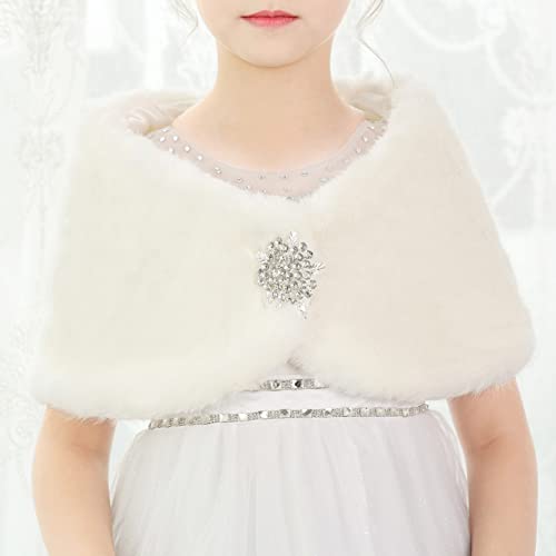 BXT Flower Girl Shawl Wrap, Kids Soft Ivory Faux Fur Princess Shoulder Cape for Wedding B-Ivory(140-150cm)2