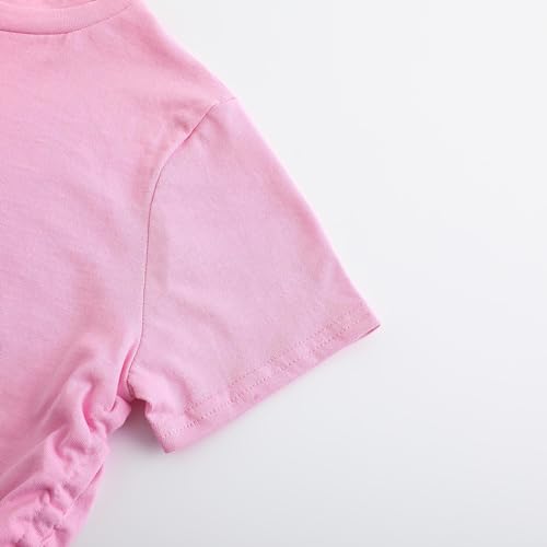 Image of Girl's Graphic Crop Top Summer Tee Drawstring Side Tie Knot Hem Round Neck Short Sleeve T-Shirts