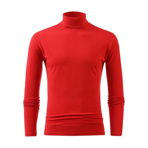 Mens Fashion Mock Turtleneck Long Sleeve T-Shirts Slim Fit Undershirt Pullover Thermal Solid Tops Basic Sweater B-red