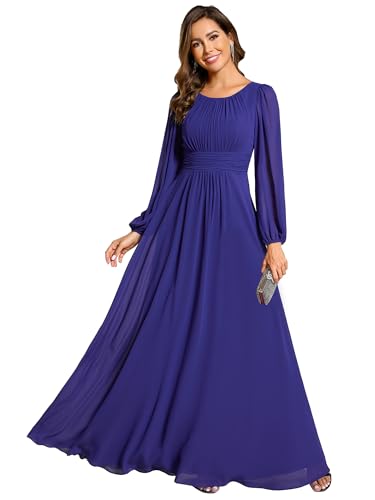 Image of Ever-Pretty Women's Crewneck Long Lantern Sleeves Floor Length A-Line Pleated Chiffon Formal Dress 0106B