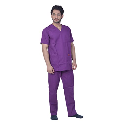 Image of UNISEX V-NECK POLYESTER COTTON MEDICAL SCRUB SUIT FOR DOCTORS (TOP AND BOTTOM) TRIPLE NEEDLE STITCH TOP WITH CHEST POCKET, PURPLE, 40-L.