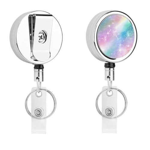 Rainbow Starry Sky Blue Purple Retractable Badge Holder Metal ID Name Holder Key Ring with Belt Clip
