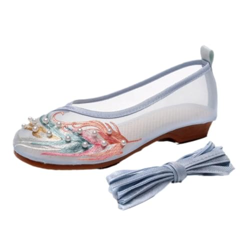 Women's Round Toe Embroidered Mesh Flats with Pearls Summer Breathable Vintage Dress Shoes