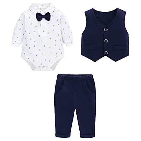 famuka Baby Boy Formal Outfit Suit with Bows Waistcoat Gentleman Tuxedo 3 PCS (Navy, 9-12 Months) Cover