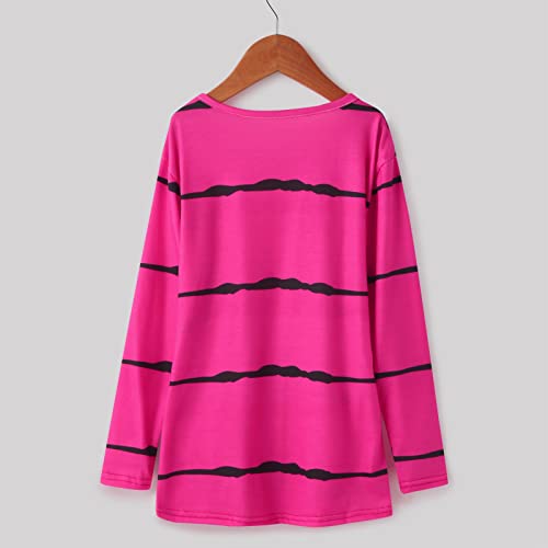 Camisetas casuais de manga comprida para meninas com gola redonda e botão listrado, blusas de outono