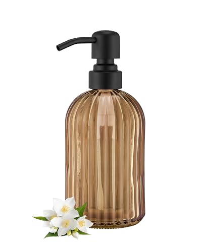 Image of 16 OZ Amber Glass Soap Dispenser, Amber Stripe Bathroom Hand Soap Dispensers with Stainless Steel Matte Black Pump,Brown Glass Kitchen Hand Soap Dispenser with Matte Black Pump