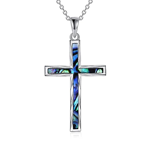 YAFEINI Religious Cross Pendant Necklace Sterling Silver Abalone Shell Cross Pendant Gifts for Women Men Jewelry