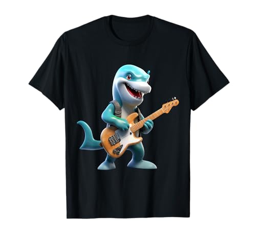 Cartoon Shark Bass Player Mecedora Bajo Eléctrico Camiseta