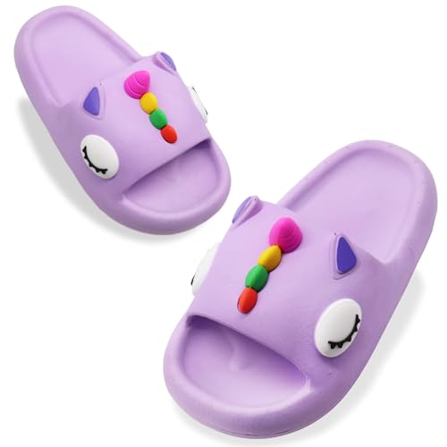 Toddler Girls Slides Sandals Comfy Non-Slip Unicorn Summer Beach Pool Slides Thick Sole Kids Shower Shoes Purple unicorn Size 8.5-9