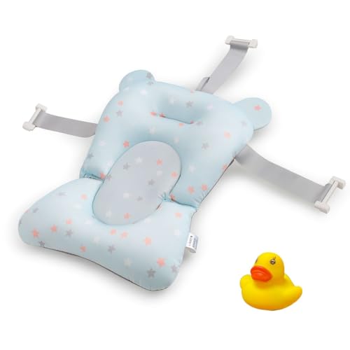 BATHBY | Cojín para Bañera de Bebé – Soporte Recién Nacido, Asiento Ergonómico, Ajustable y Portátil con Malla Antideslizante, Almohada Reductora, Hamaca de Ducha + Patito de Goma (Azul Estrellas)