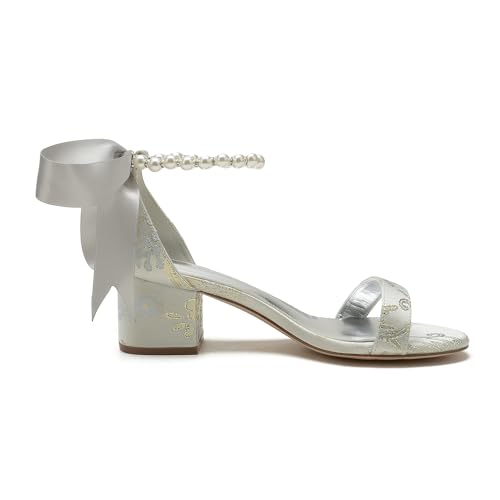 Women's Block Heel Pumps Chunky Open Toe Floral Low Heels Satin Wedding Shoes for Bride Pearls Dress Shoes Heels Sandals3