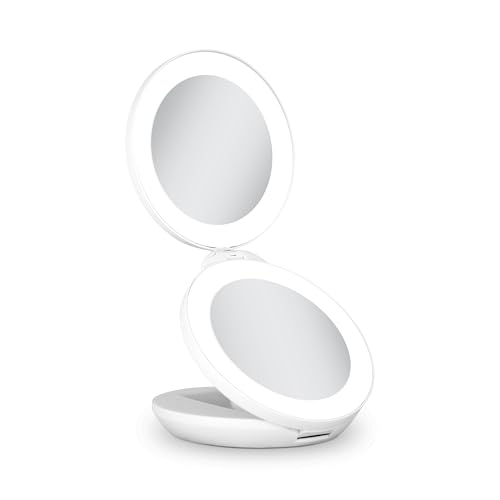 Zadro Compact Travel Makeup Mirror with Lights, 10X/1X Dual Magnification, LED Lighted Folding Design, Battery Operated Portable Mirror for Purse, Desk, or Travel Use (White)
