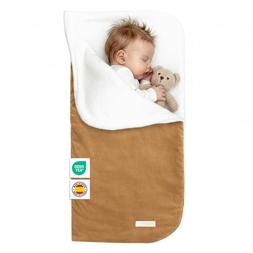 MIMUSELINA Saco Capazo Bebe Invierno Universal | para Carrito, Cuna y Silla de Paseo | Manta Bebe Invierno en Algodon Suave y Acogedor | 2 en 1: Saco 92x46 cm o Manta 92x92 cm | España (Latte)