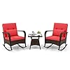 Oralner 3 pieces patio furniture set outdoor wicker rocking chairs with cushions pillows glass coffee table rattan bistro rocker set for balcony front porch poolside garden deck yard red  urban country home decor
