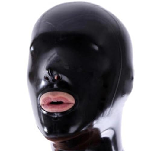 WJPTDKJ Latex Hood Glossy Full Face Hood Exposed Mouth Wet Look Grim Suits BDSM Bondage Sensory Deprivation Fetish(Size:L-68CM)