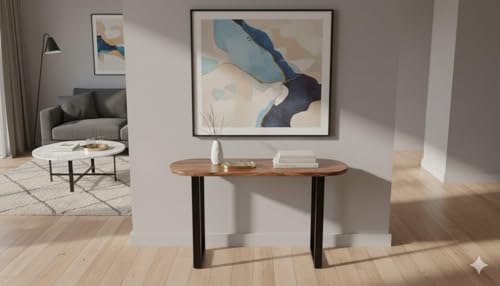 Image of Solid Sheesham Wood Console Table for Living Room | Entryway Hallway Sofa & Fish Tank Table | Rounded Edge Top with Modern Wooden Accent Design | Foyer Corridor Furniture | Light Walnut