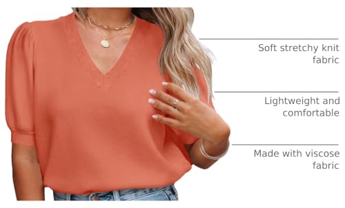 Image of Womens V-Neck Puff Short Sleeve Casual Sweaters Lightweight Comfortable Knit Pullover