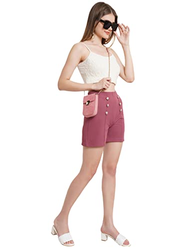 Image of POPWINGS Casual Solid Mid-Rise Button Shorts for Women || Shorts for Women Stylish || Pull-On Women Shorts || Summer Wear Shorts for Women